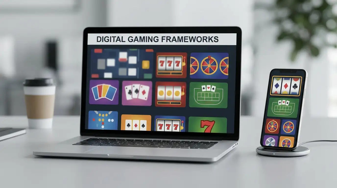 Abstract casino game tiles on a laptop beside a phone