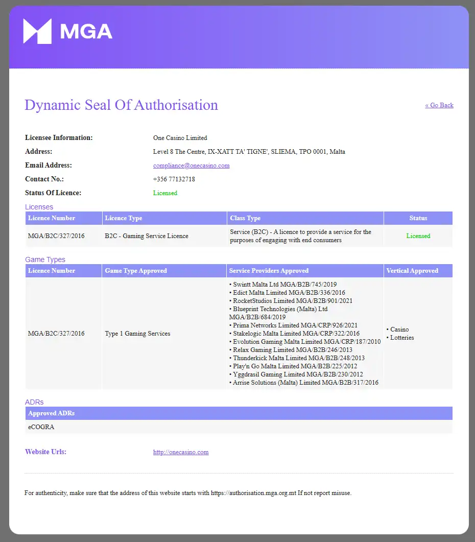 OneCasino Licence Ireland | MGA and GRAI Status