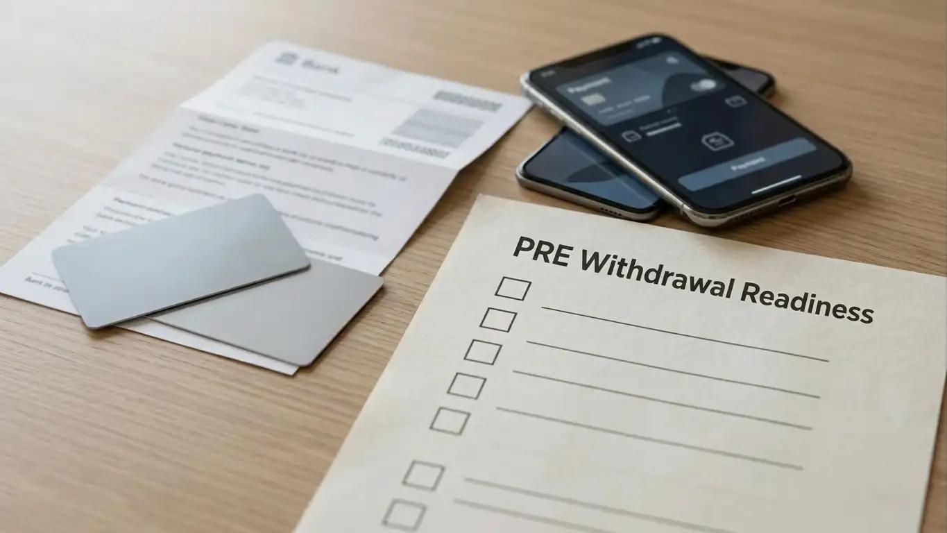 A neutral cashout checklist beside a payment card and bank document